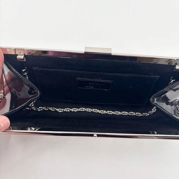 Ann Taylor Loft Black Patent Clutch Shoulder Bag Silver Chain Strap Glossy - Picture 5 of 6